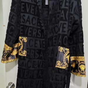 Versace Black Logo Jacquard Robe with Gold Baroque Trim